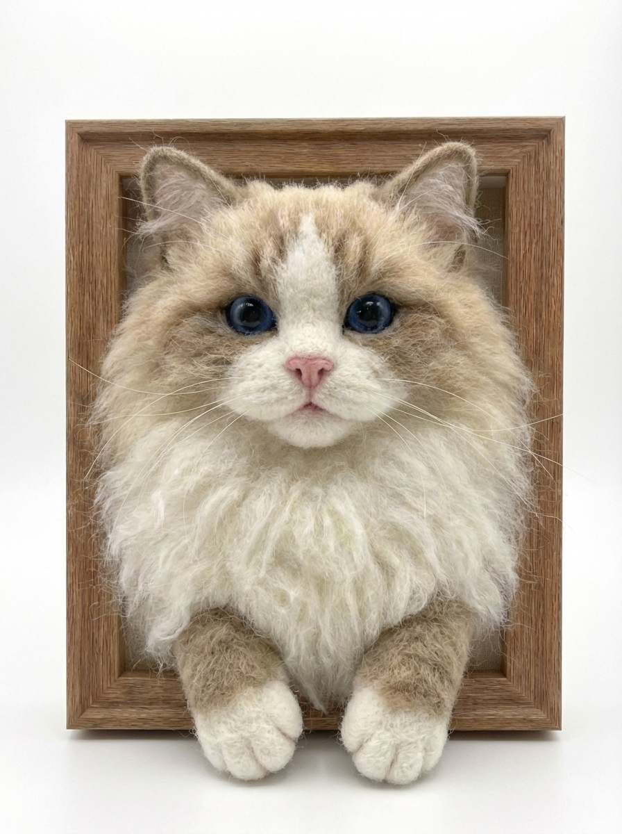 Custom Wool-Felt Framed Cat Portrait - 9 inch (Head-Chest-Paw）